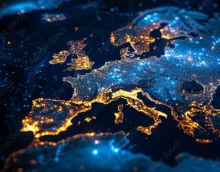 Satellite view of Europe highlighting digital connectivity and data networks.