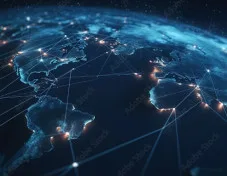 Global digital network connecting regions through data and communication technology.